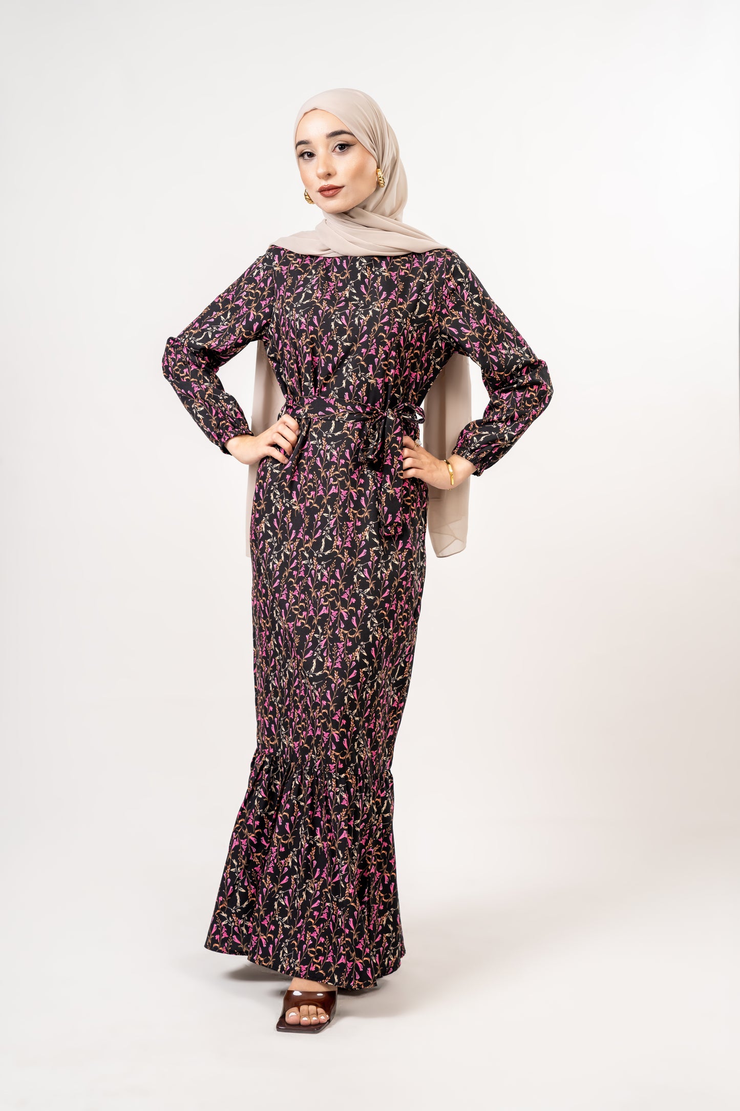 Pink and black print dress