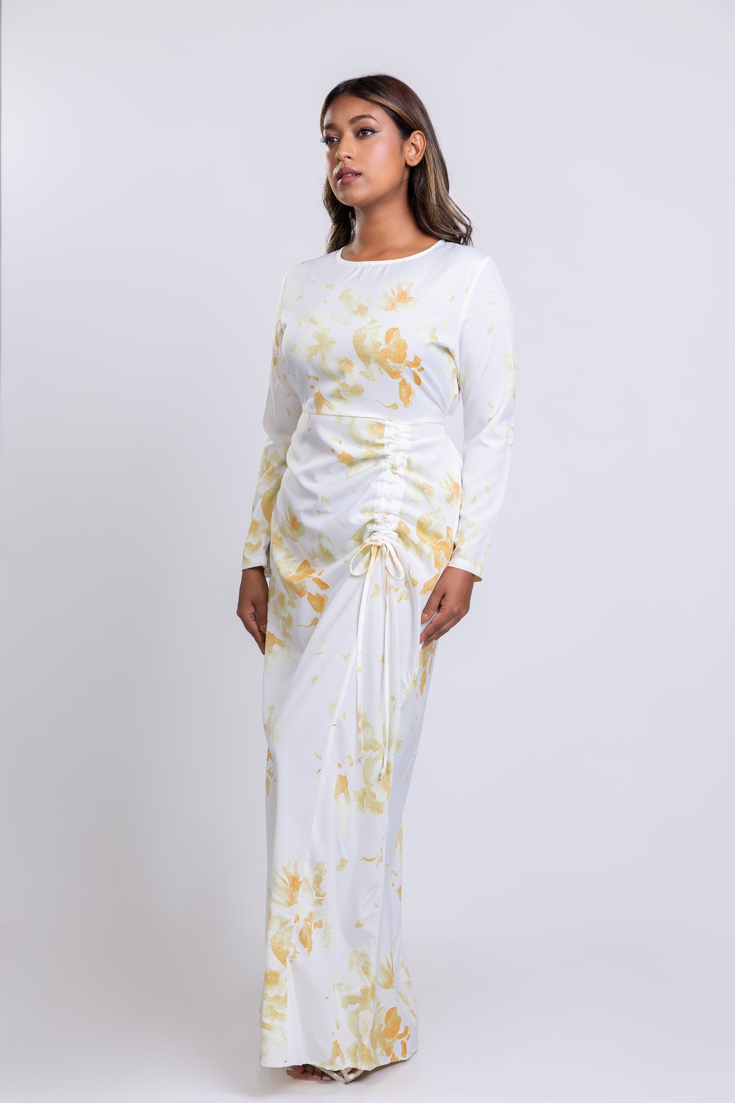 Yellow Printed ruched maxi