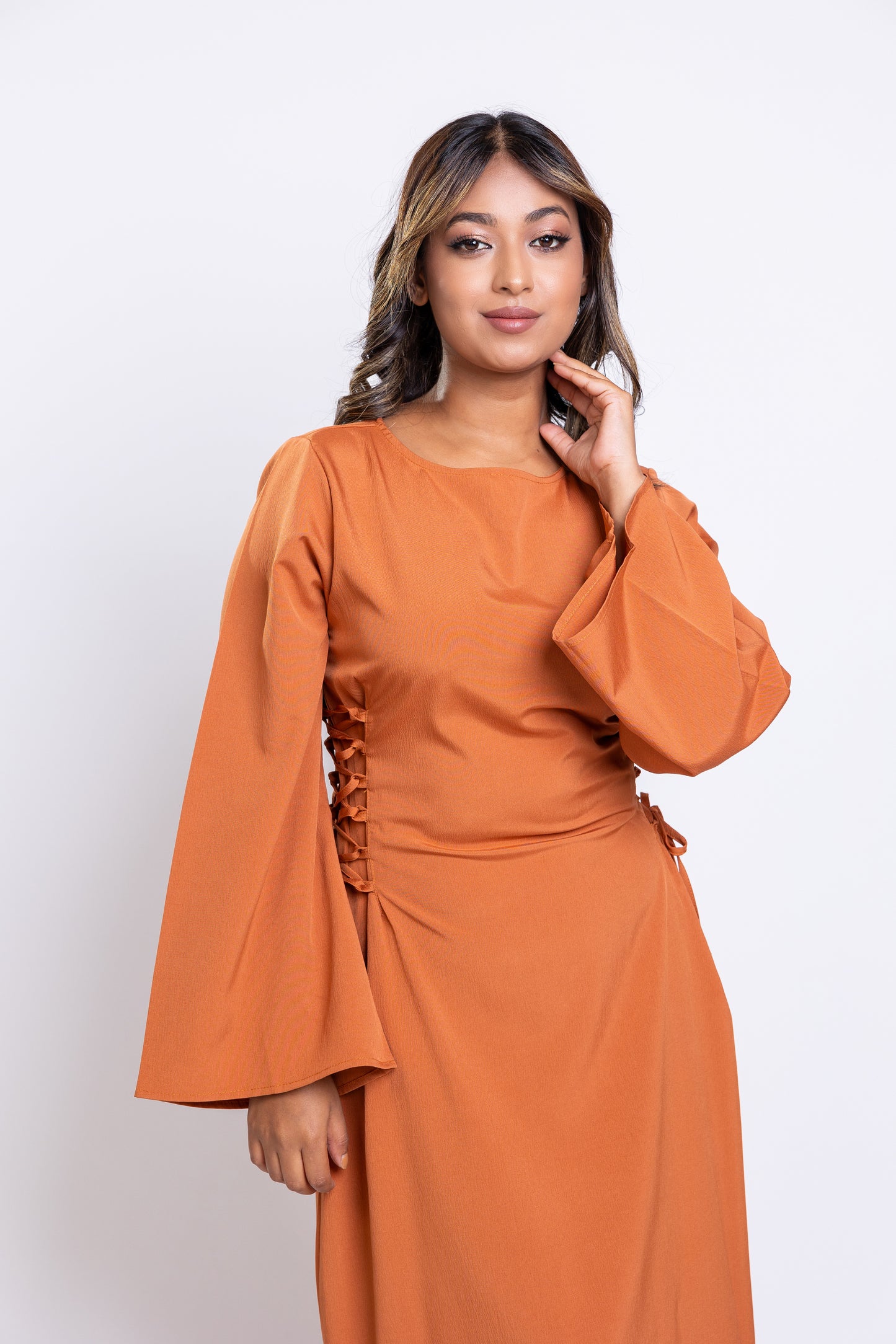 Rust crepe side lace-up maxi