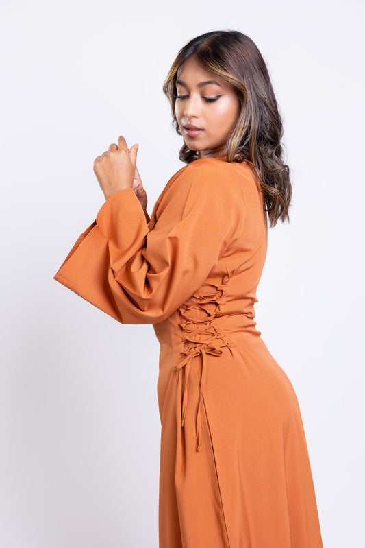 Rust crepe side lace-up maxi