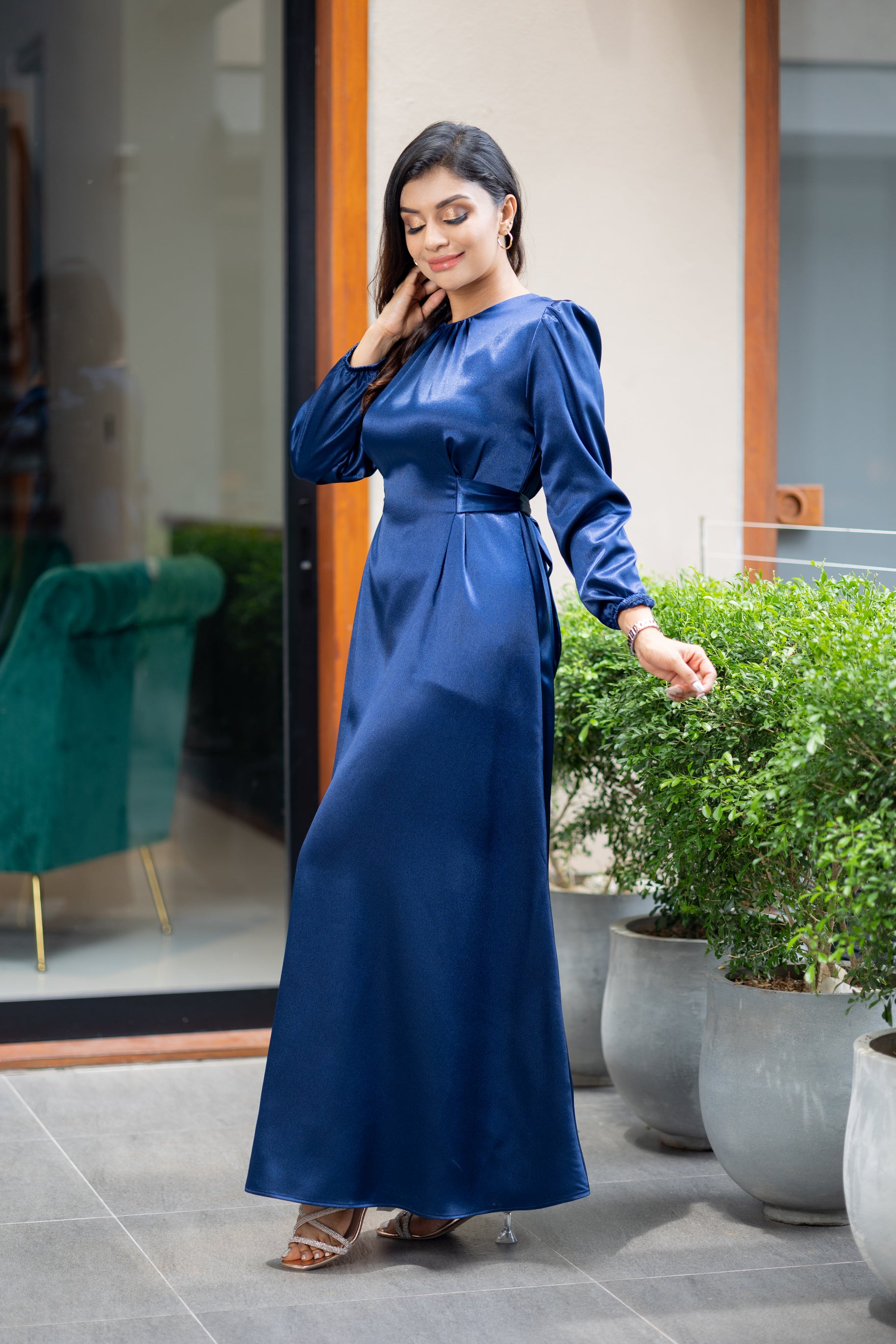 satin tie waist dress Satin Tie-Up Bell Sleeve Maxi Dress JardinVue
