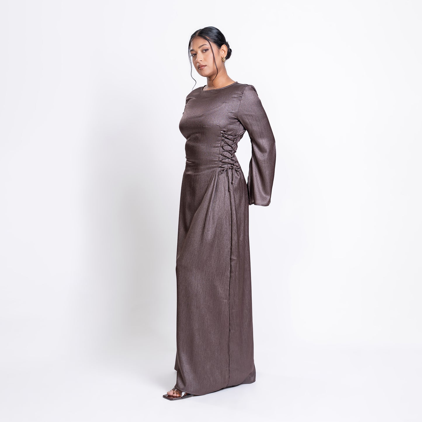 Ash shimmer satin side lace-up maxi