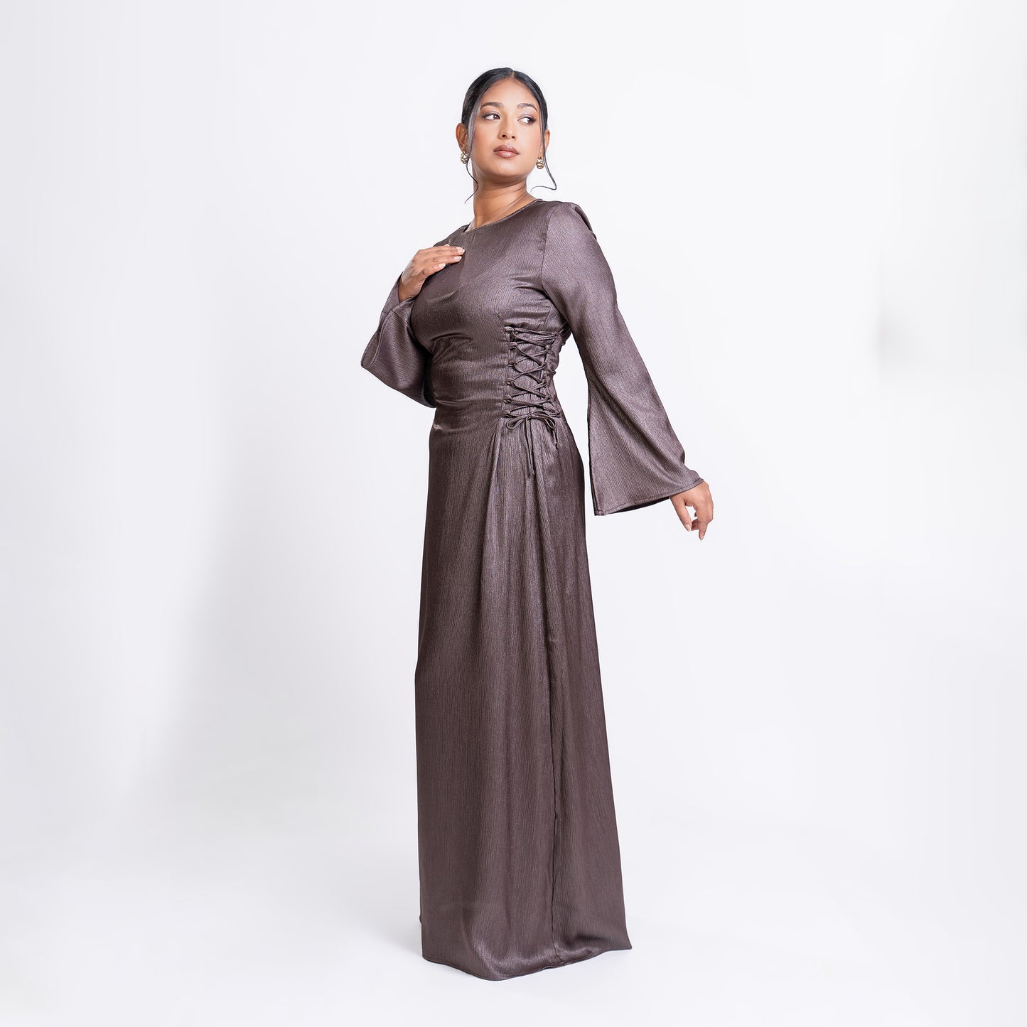 Ash shimmer satin side lace-up maxi