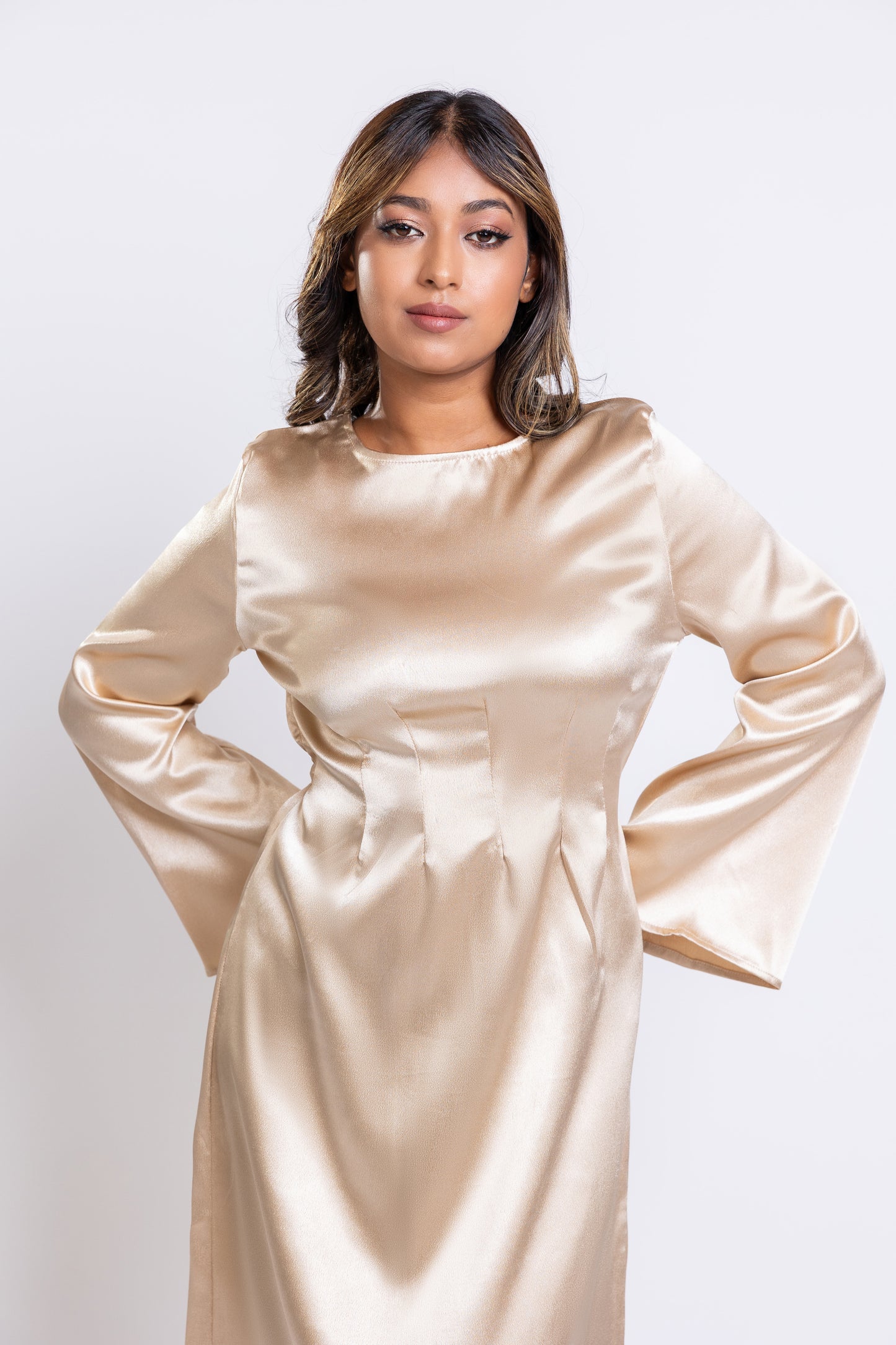 Gold satin dart waist maxi