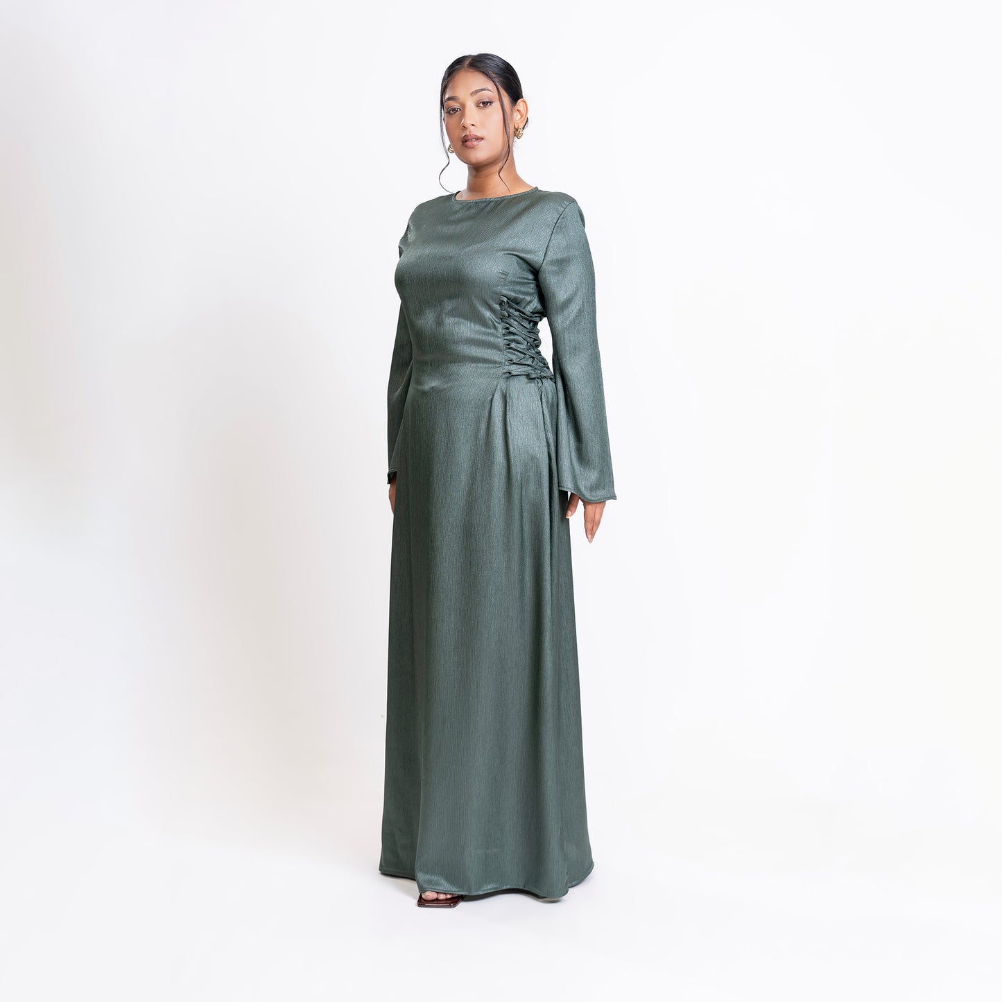 Green shimmer satin side lace-up maxi