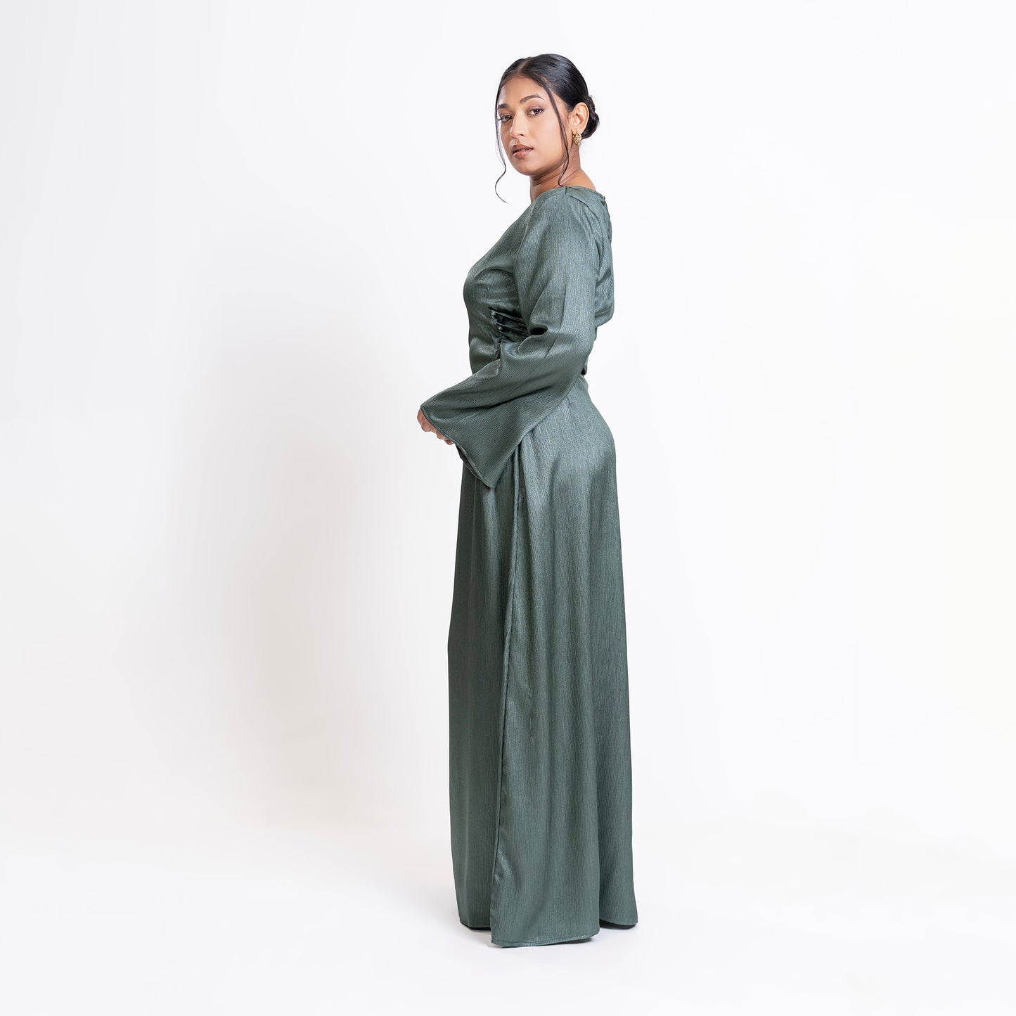 Green shimmer satin side lace-up maxi