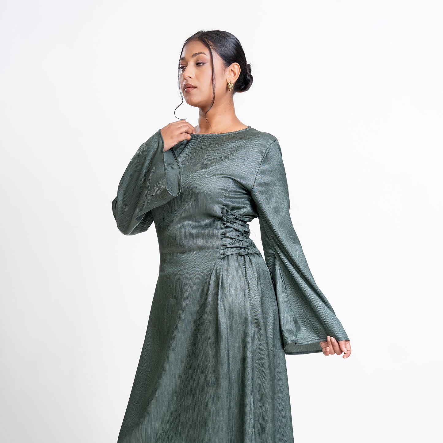 Green shimmer satin side lace-up maxi
