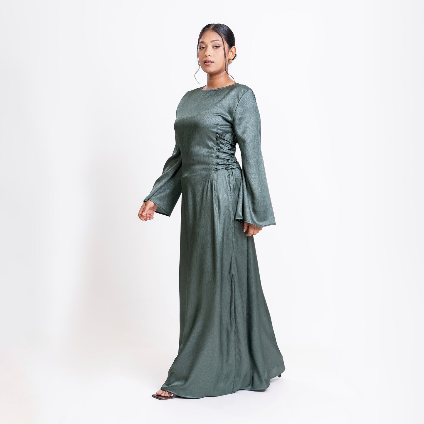 Green shimmer satin side lace-up maxi