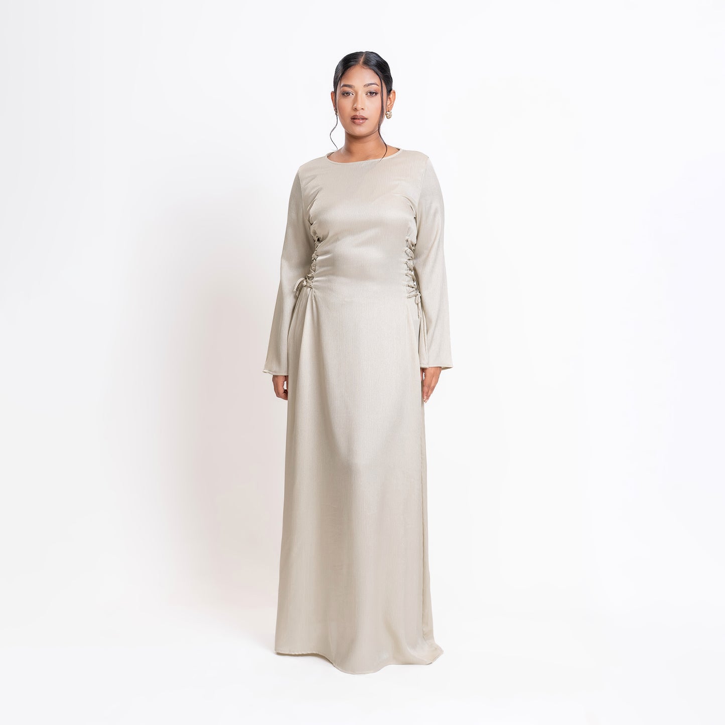 Ivory shimmer satin side lace-up maxi