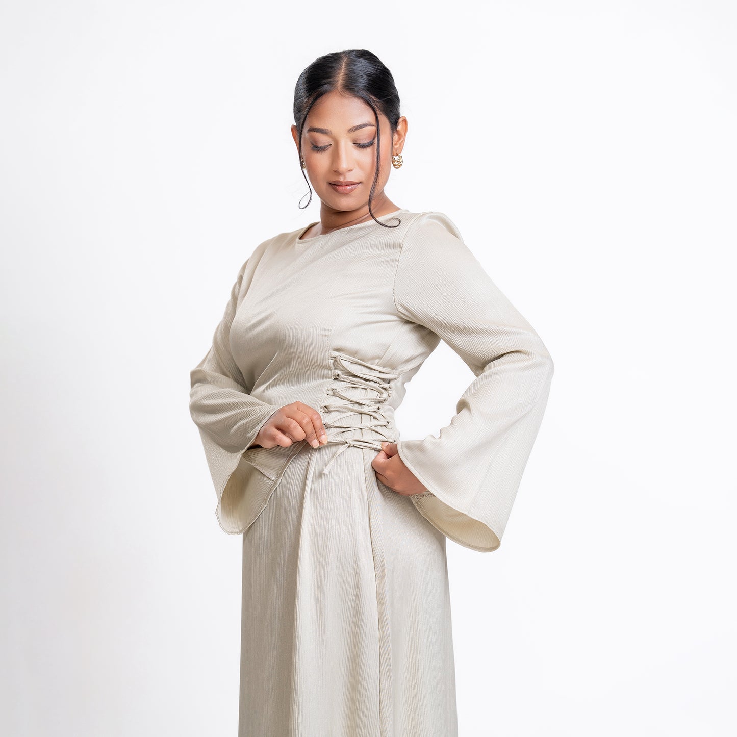 Ivory shimmer satin side lace-up maxi