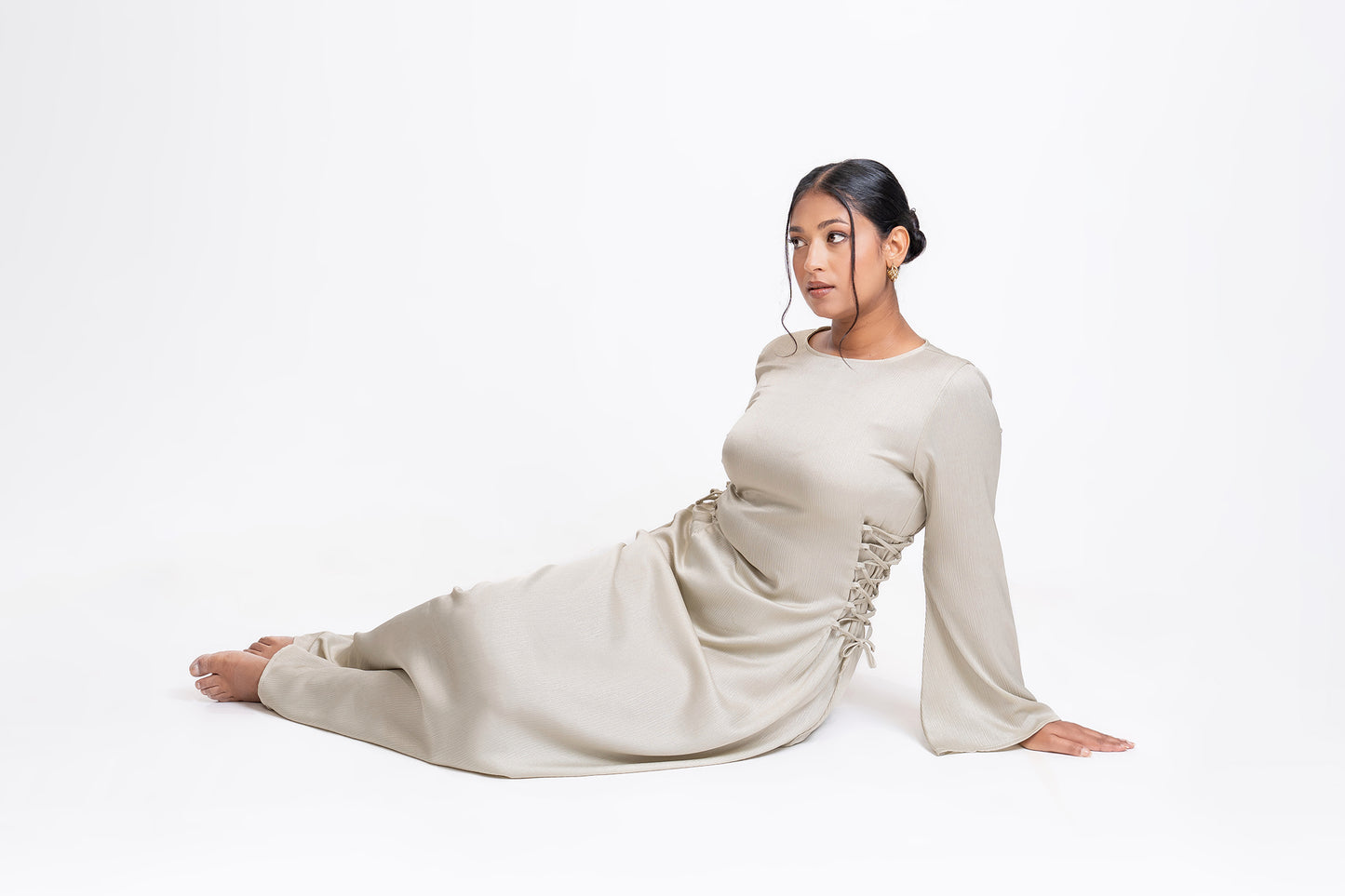 Ivory shimmer satin side lace-up maxi