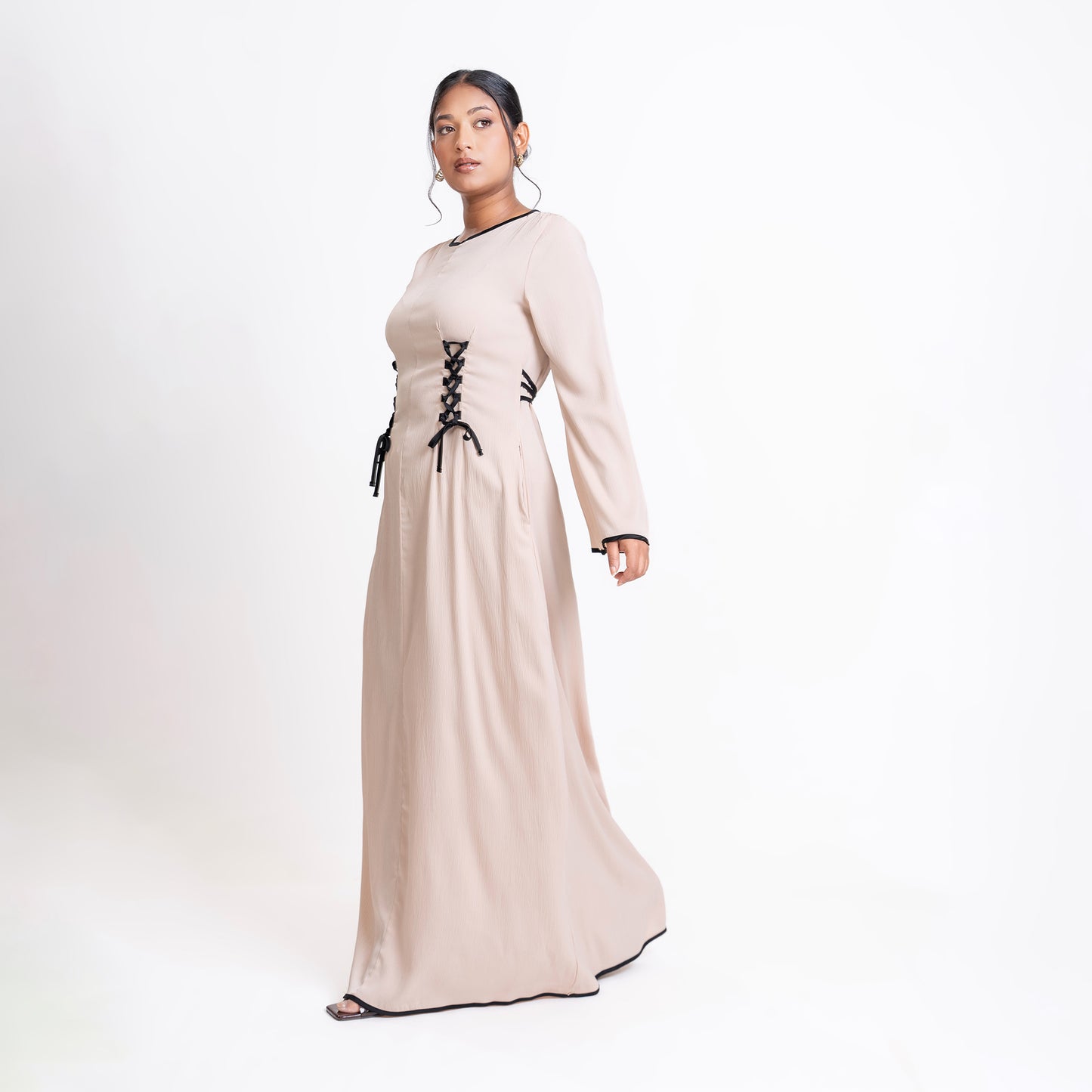 Cream and Black detail front lace dress