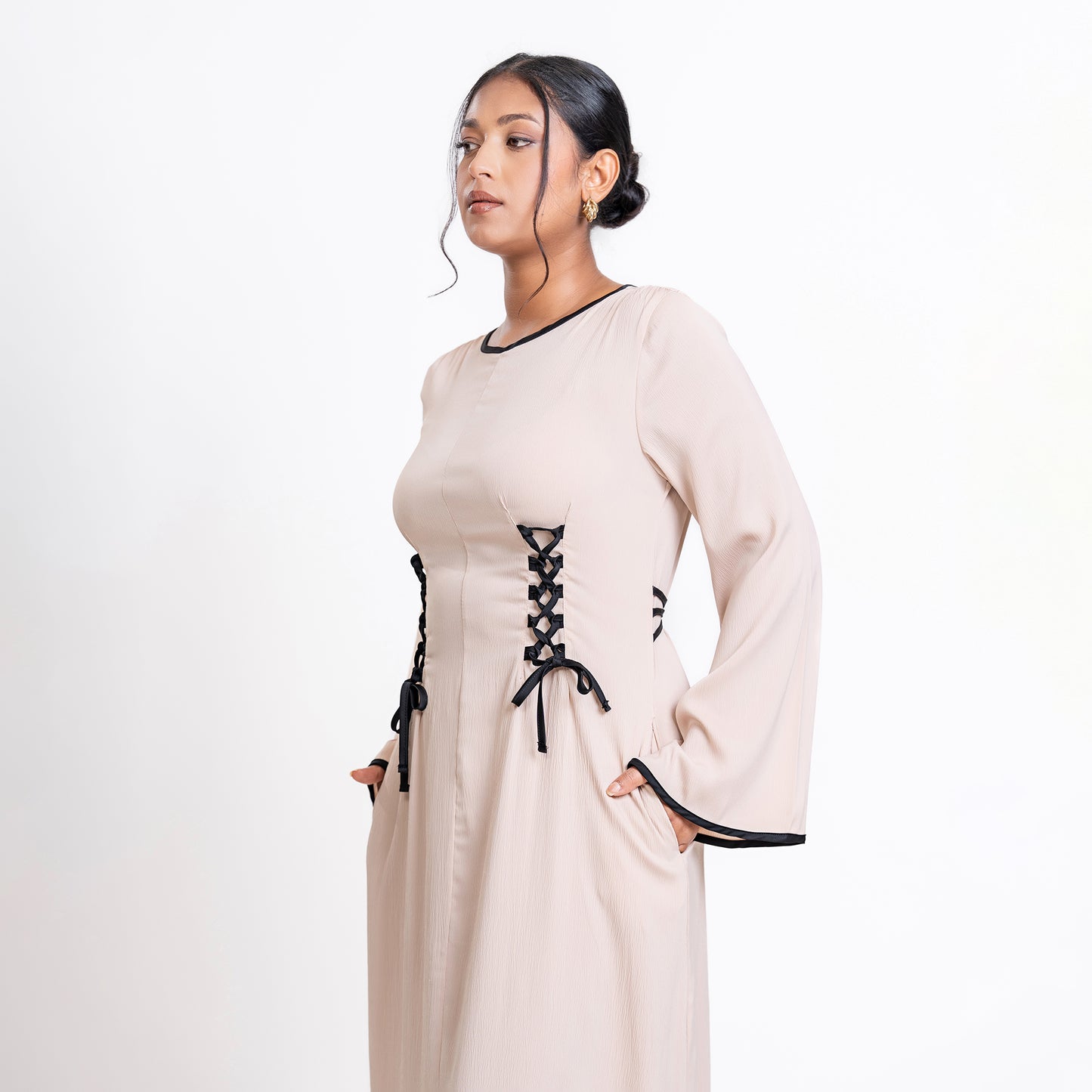 Cream and Black detail front lace dress