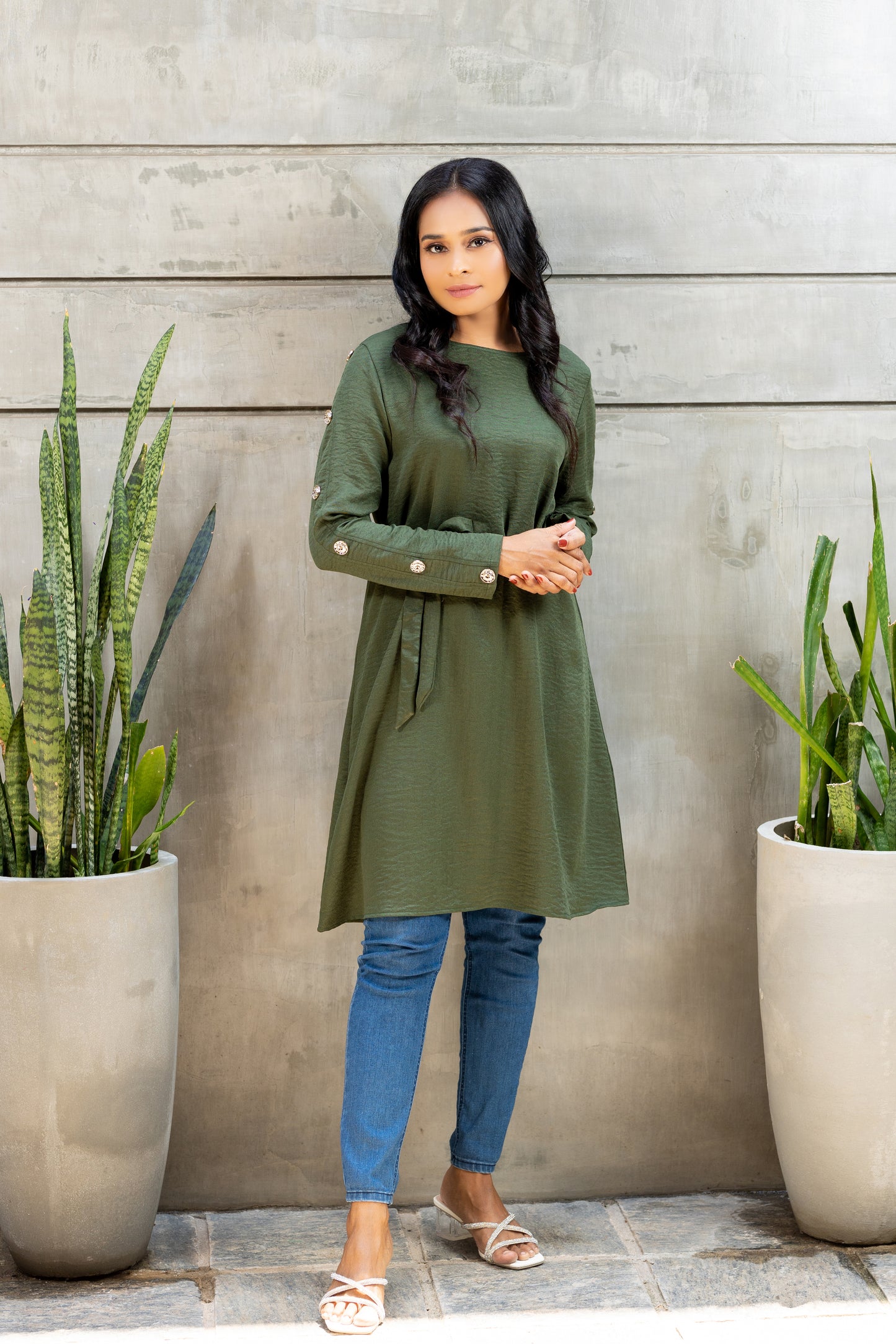 Green button sleeve top